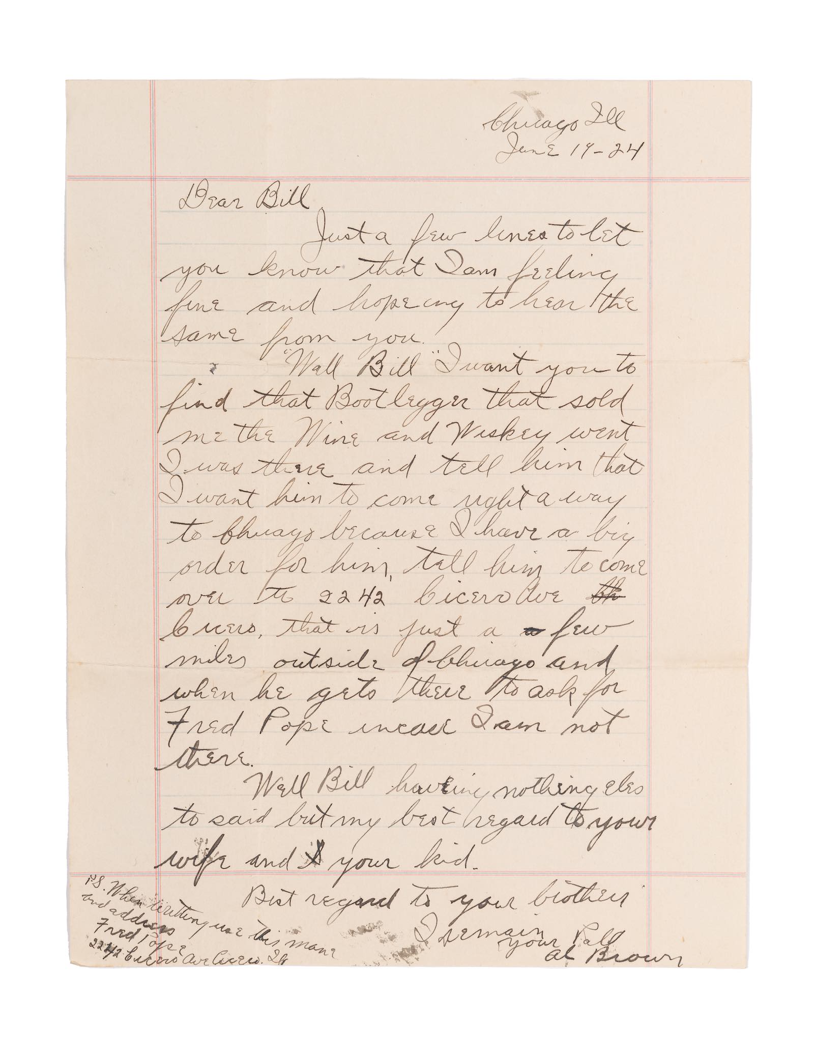 Autograph letter signed (as &quot;Al Brown&quot;), to Bill [Sells]. Chicago, IL, 14 June 1924