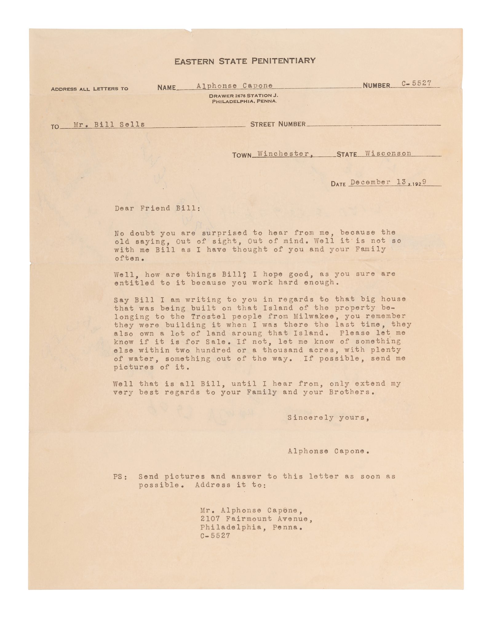 Typed letter unsigned, to Bill Sells (&quot;Friend Bill&quot;). Philadelphia, 13 December 1929.