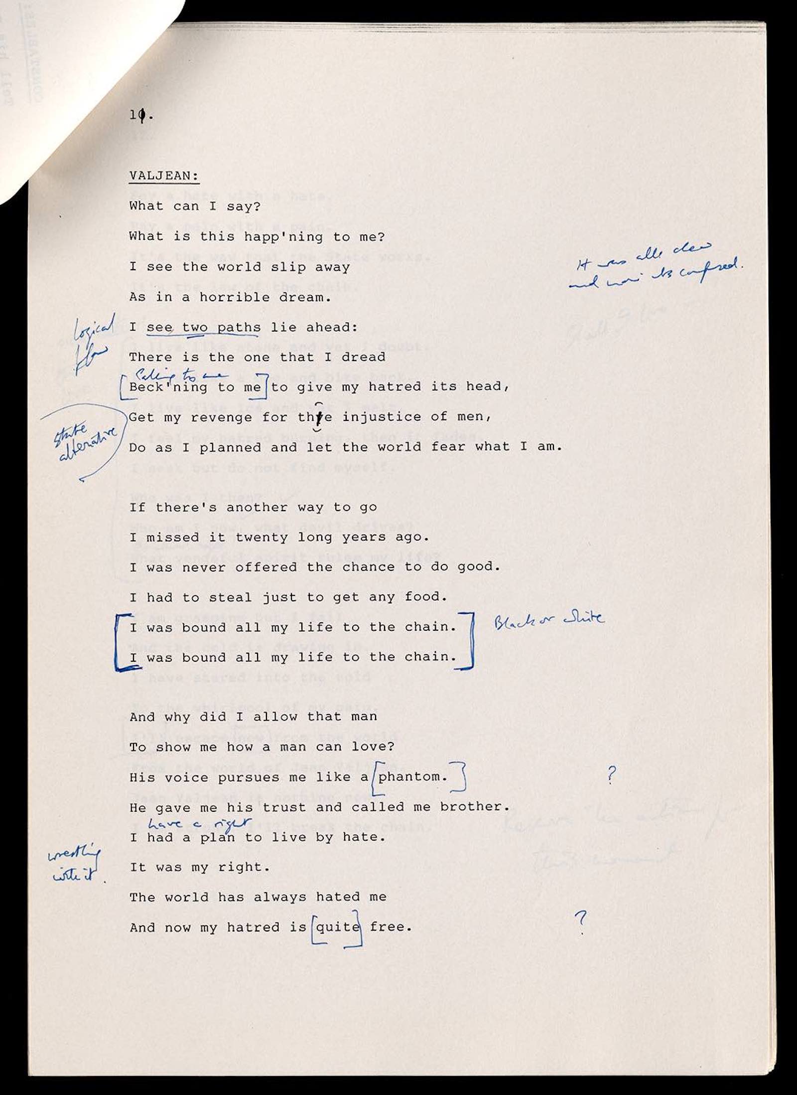 James Fenton’s corrected draft lyrics for Les Misérables, ca. 1985.