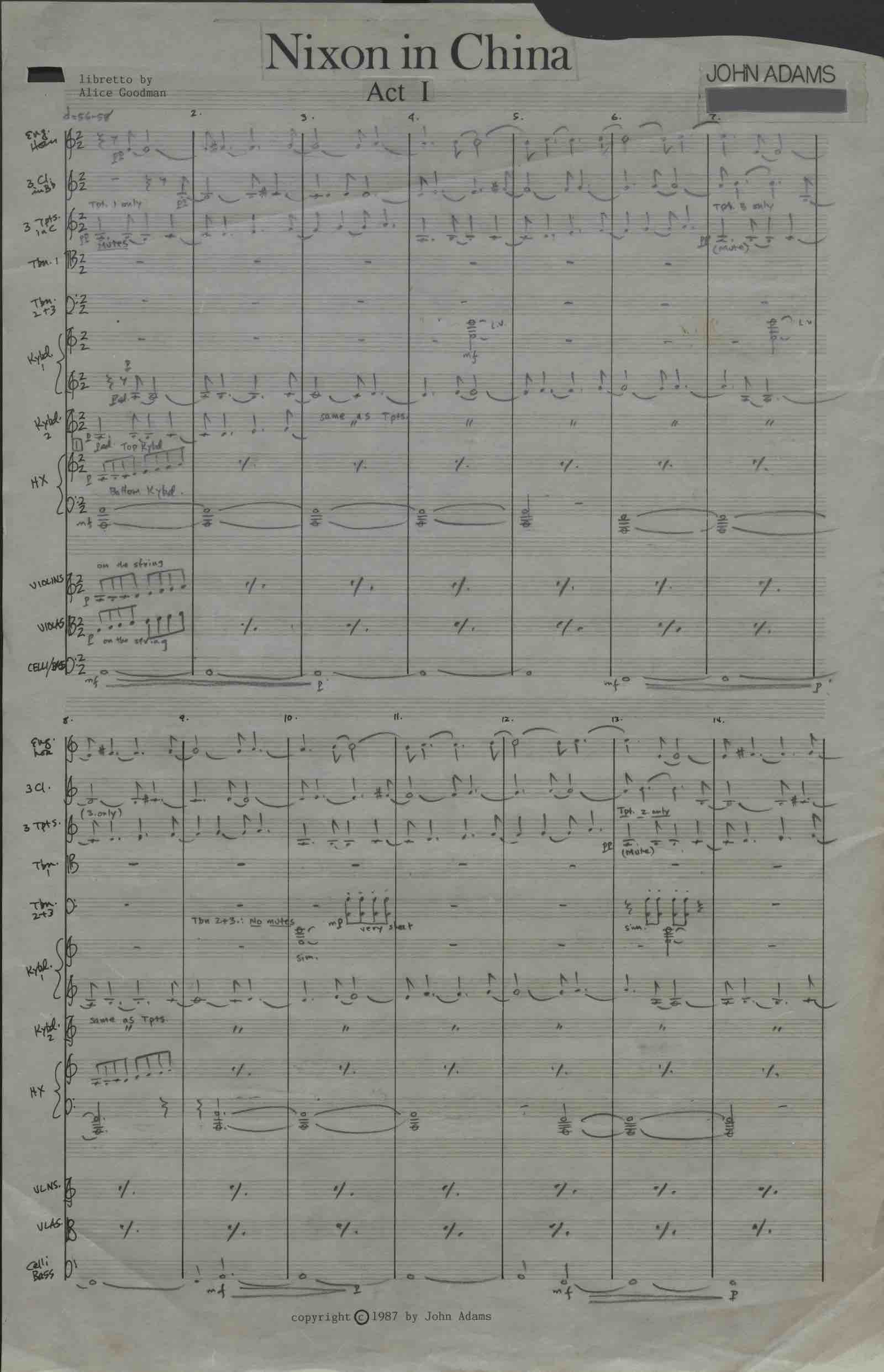 First page of holograph score of &quot;Nixon in China&quot; by John Adams