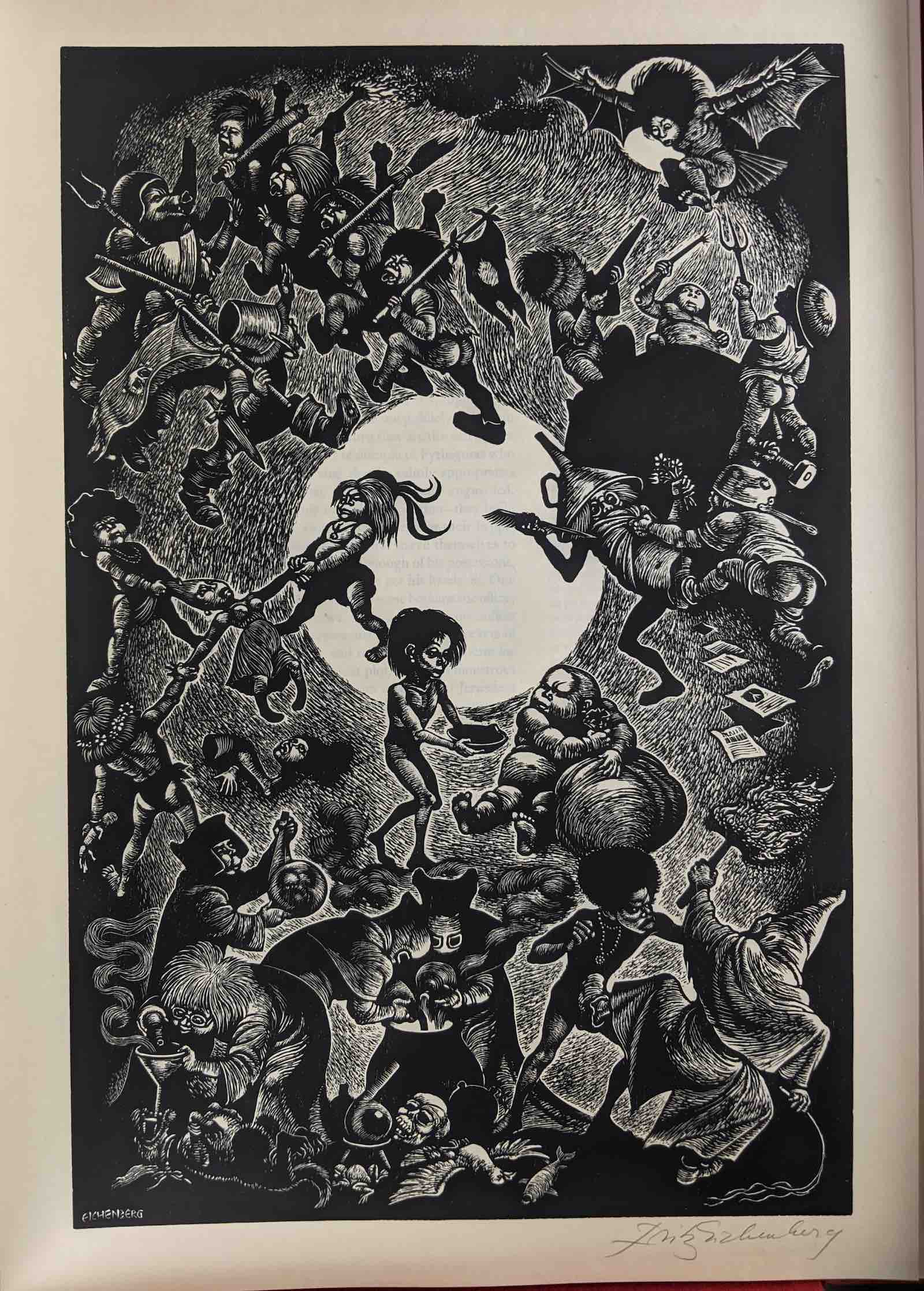 Fritz Eichenberg (American, 1901-1990); Erasmus: In Praise of Folly (Aquarius Press, NY and Baltimore, 1972) with 10 woodblock prints by Fritz Eichenberg, each signed in pencil. 1 of 10 copies, number IV in Roman numerals. Estimate $600-$900