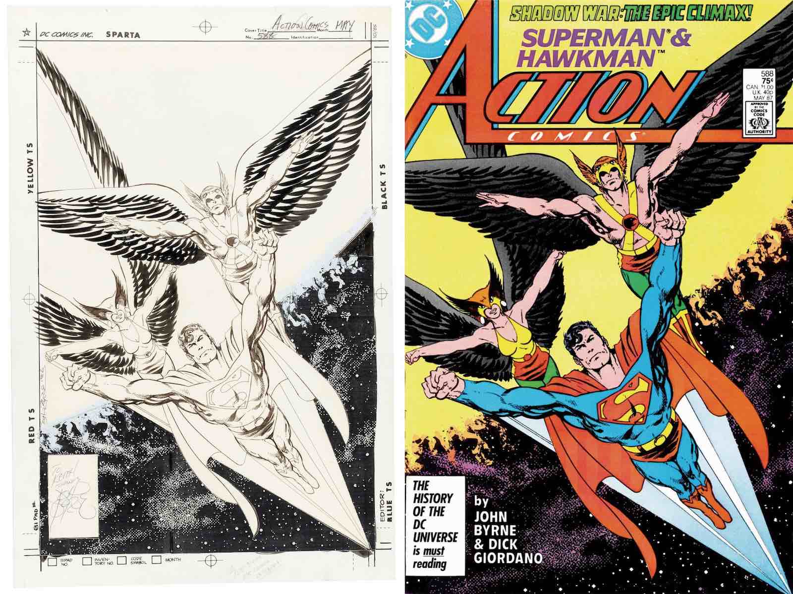 John Byrne original pen-and-ink cover art for ‘Action Comics’ #588, published by DC Comics May 1987. Image of Superman in space alongside Hawkman and Hawkwoman. Signed and inscribed by Byrne.