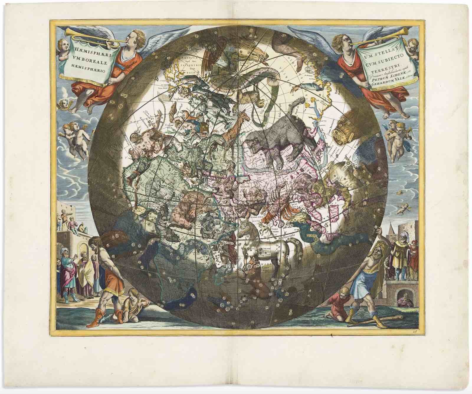 Lot 37: Andreas Cellarius, Haemisphaerium Stellatum Boreale Cum Subiecto Haemisphaerio Terrestri, double-page decorative celestial chart of the northern hemisphere’s constellations superimposed over a map of the world, Amsterdam, 1708. Estimate $2,500 to $3,500