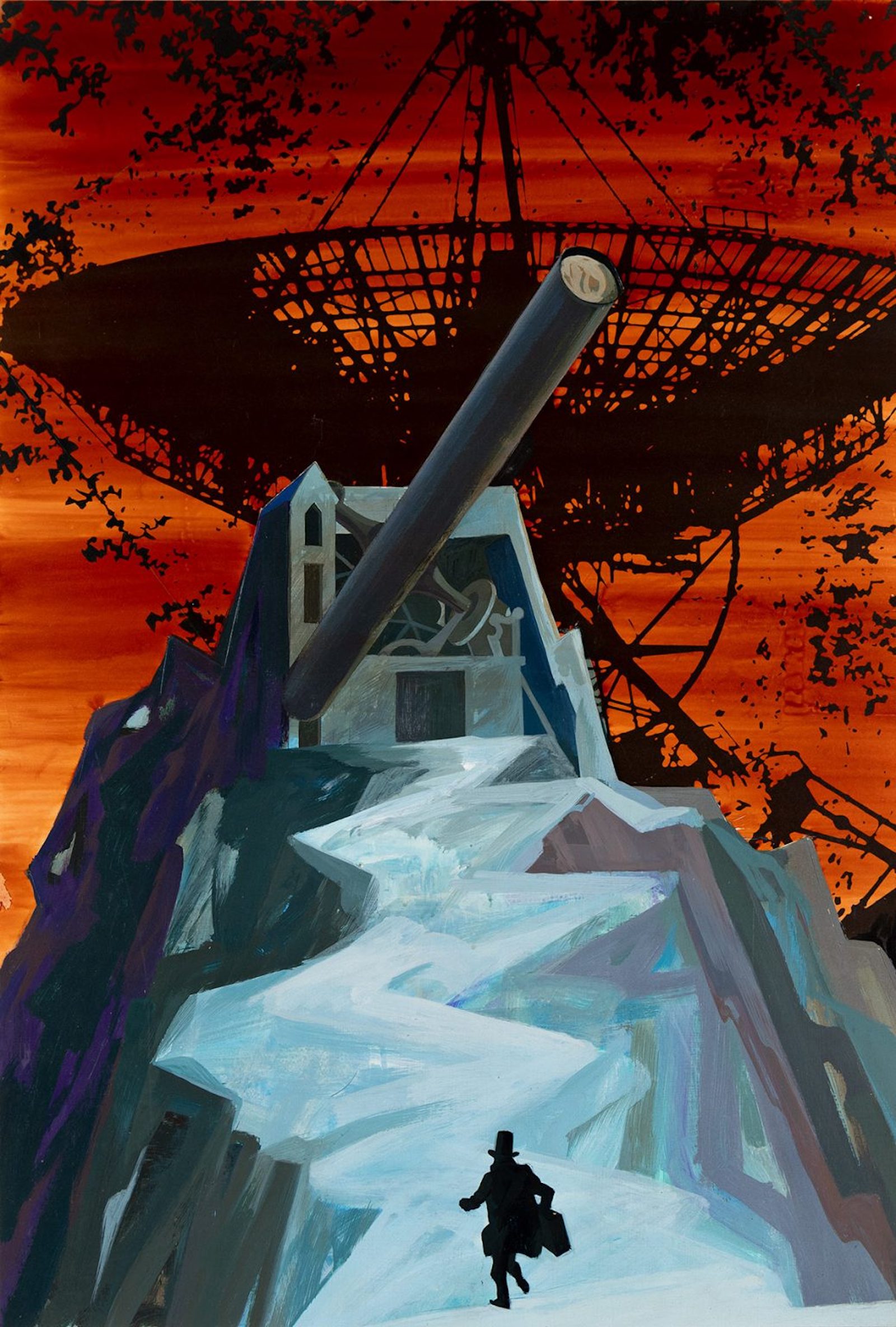 Lot 40: Robert Shore, Mountain with satellite, oil on board, published in From the Earth to the Moon and Around the Moon by Jules Verne, 1970. Estimate $1,500 to $2,000.