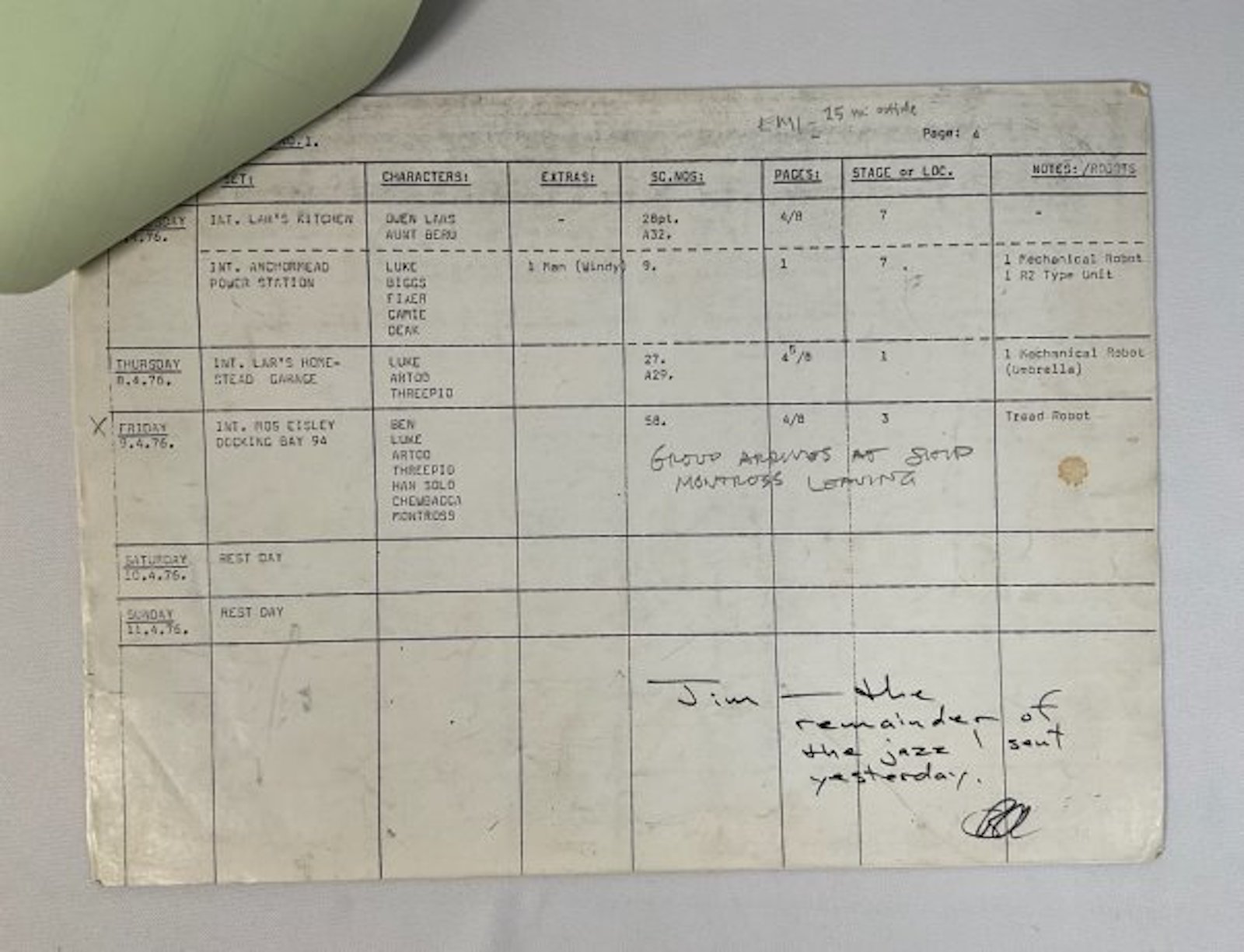 Harrison Ford’s shooting schedule for the first Star Wars film amongst a group lot