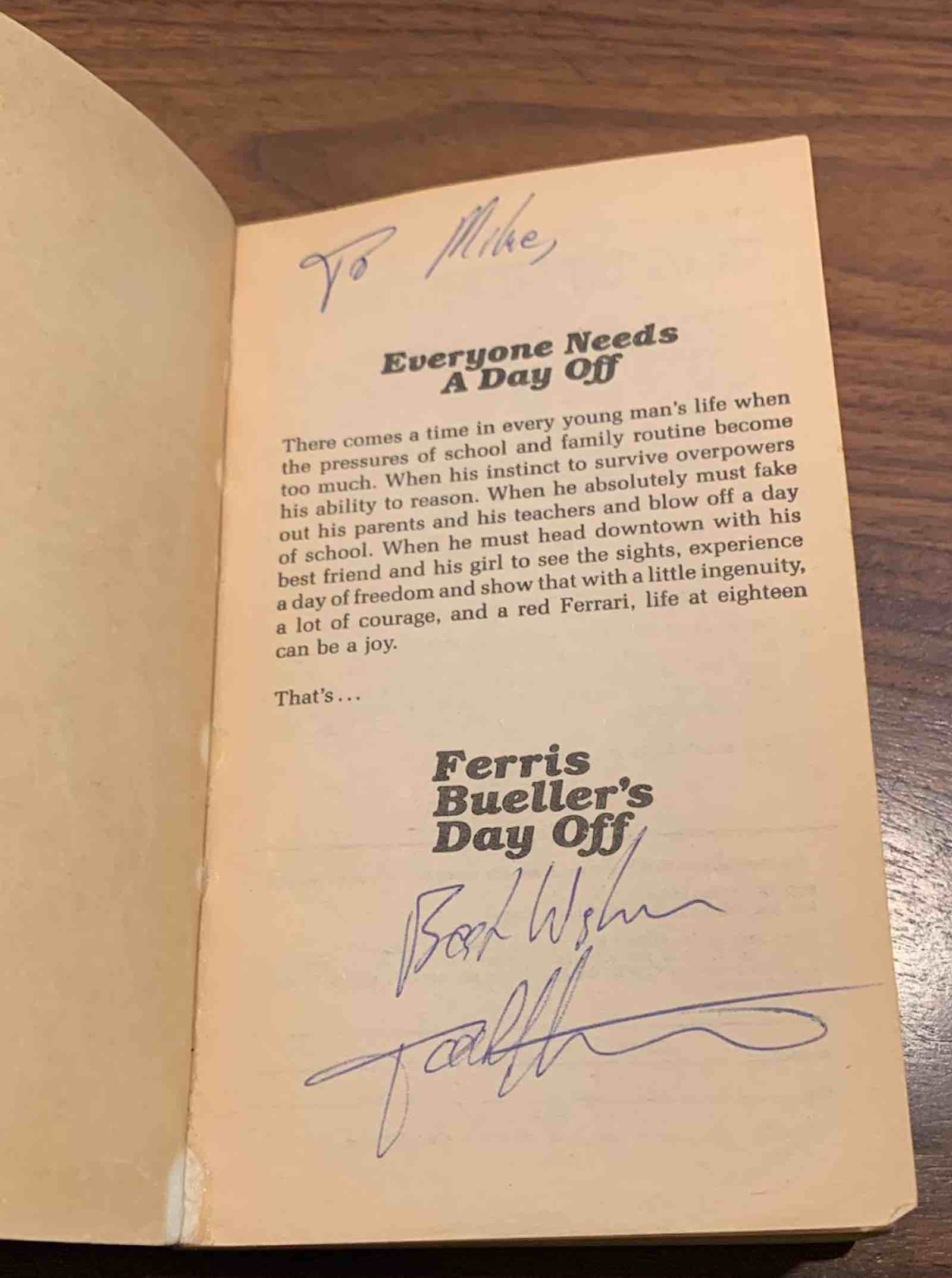 Cate's signed copy of Ferris Bueller's Day Off