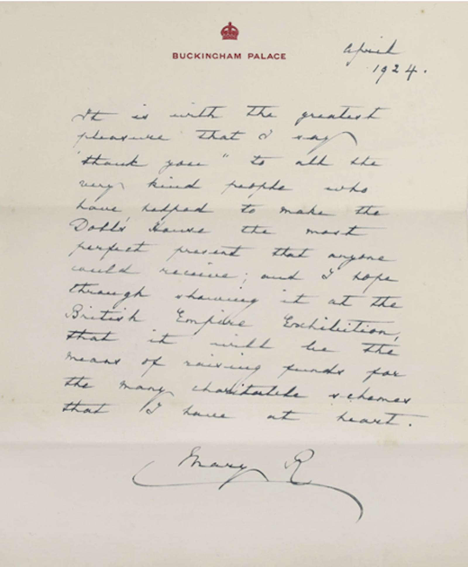 An autograph letter by Queen Mary, on Buckingham Palace headed paper, dated April 1924