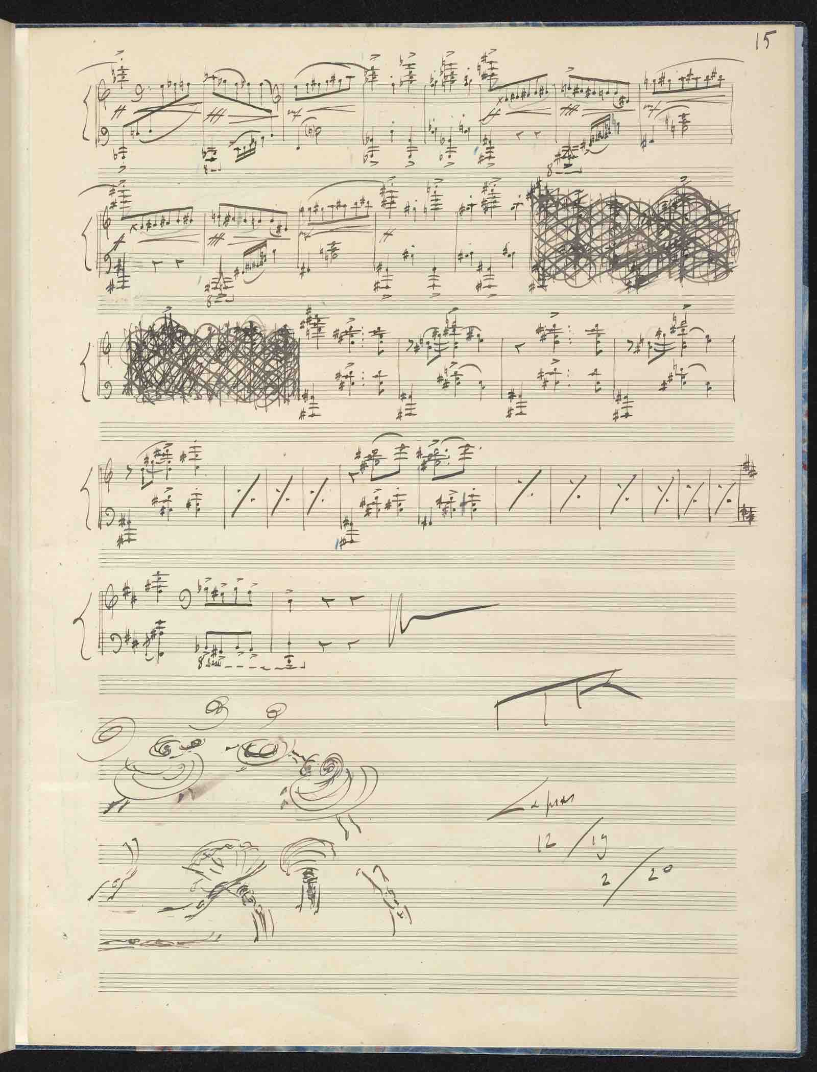 Maurice Ravel, La Valse, autograph manuscript, solo piano, pp. 14–15, 1920