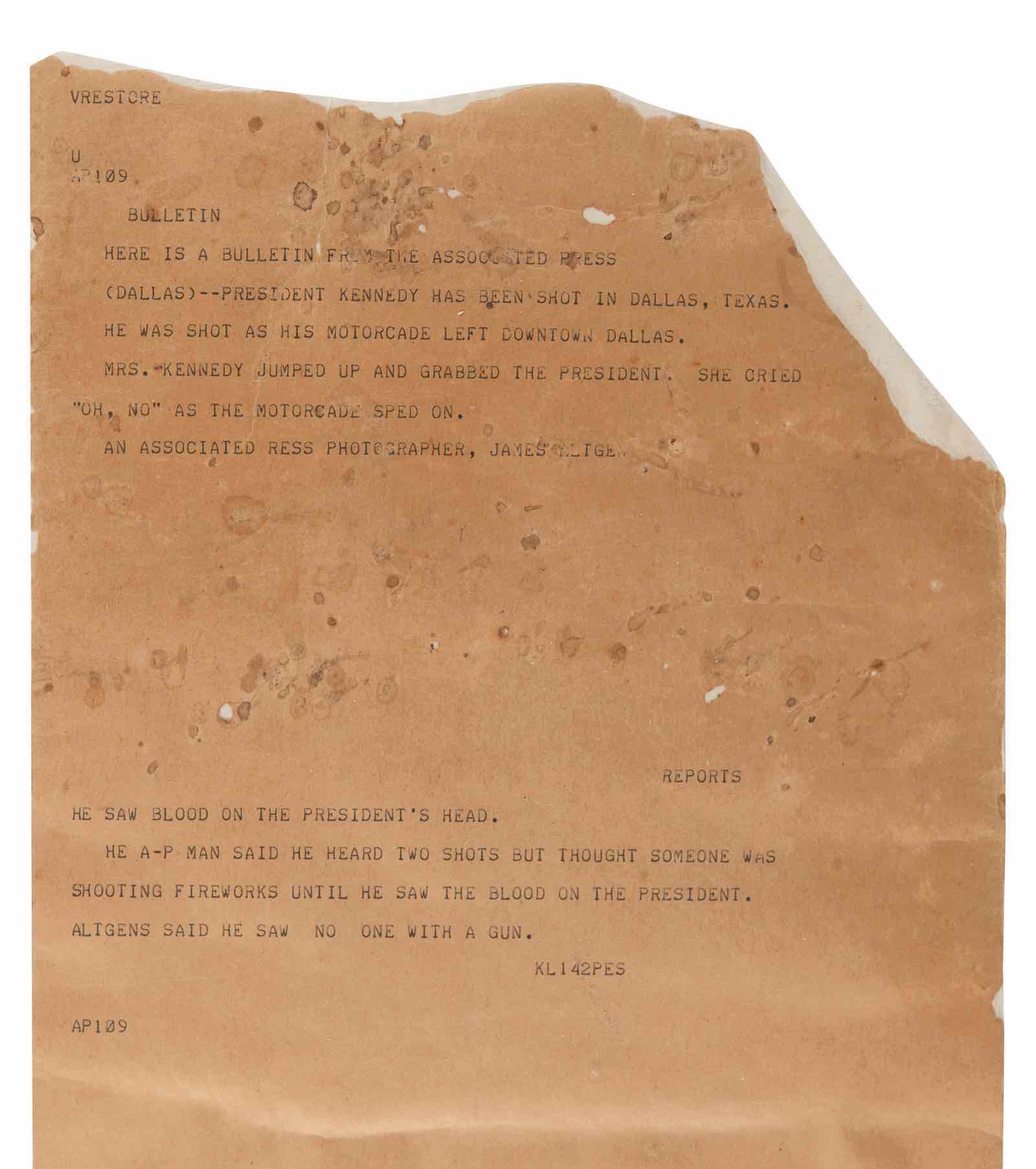 JFK AP bulletin on his assassination