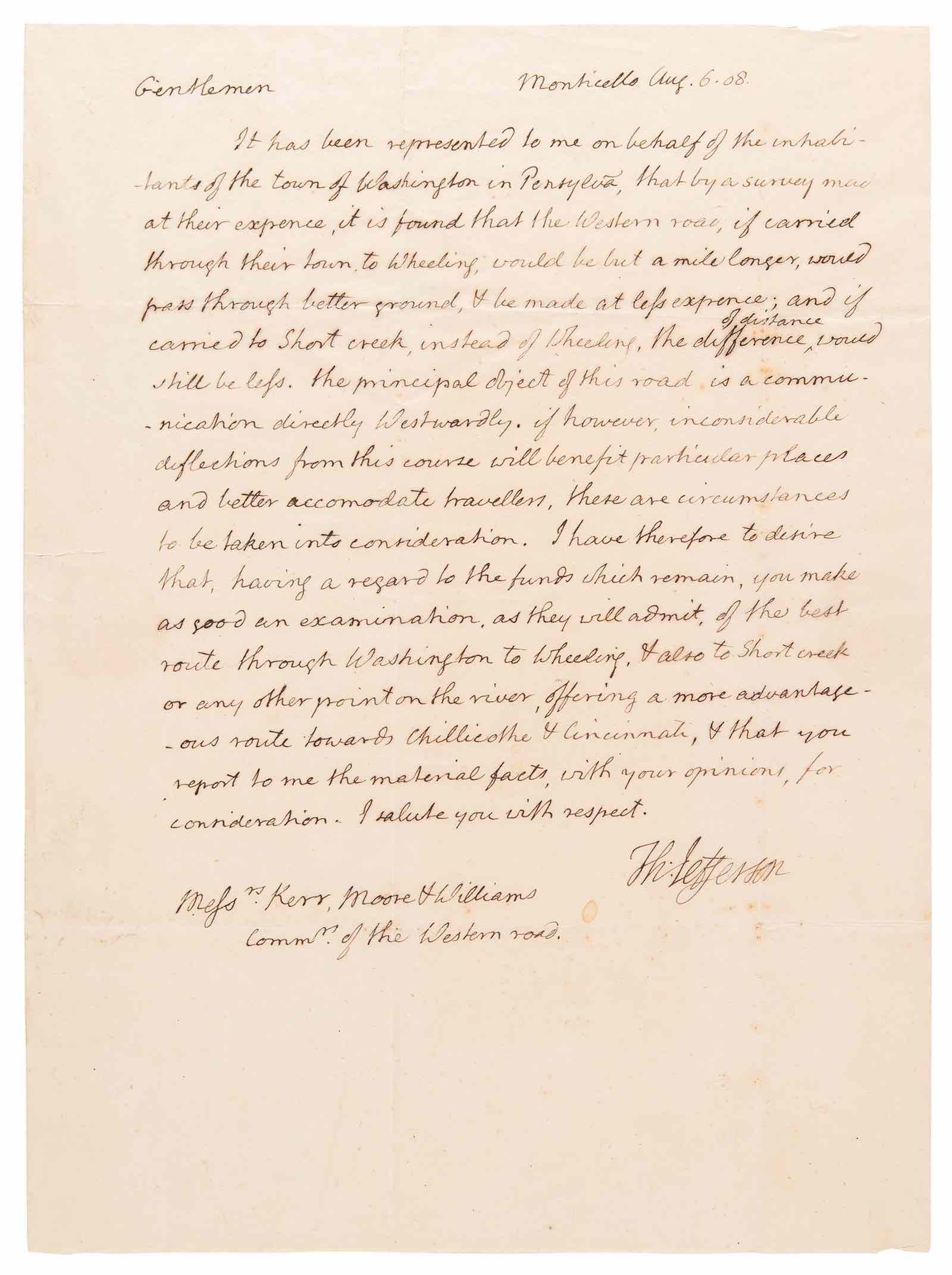 a rare 1808 document signed by President Thomas Jefferson discussing the planning of the &quot;Western Road,&quot;