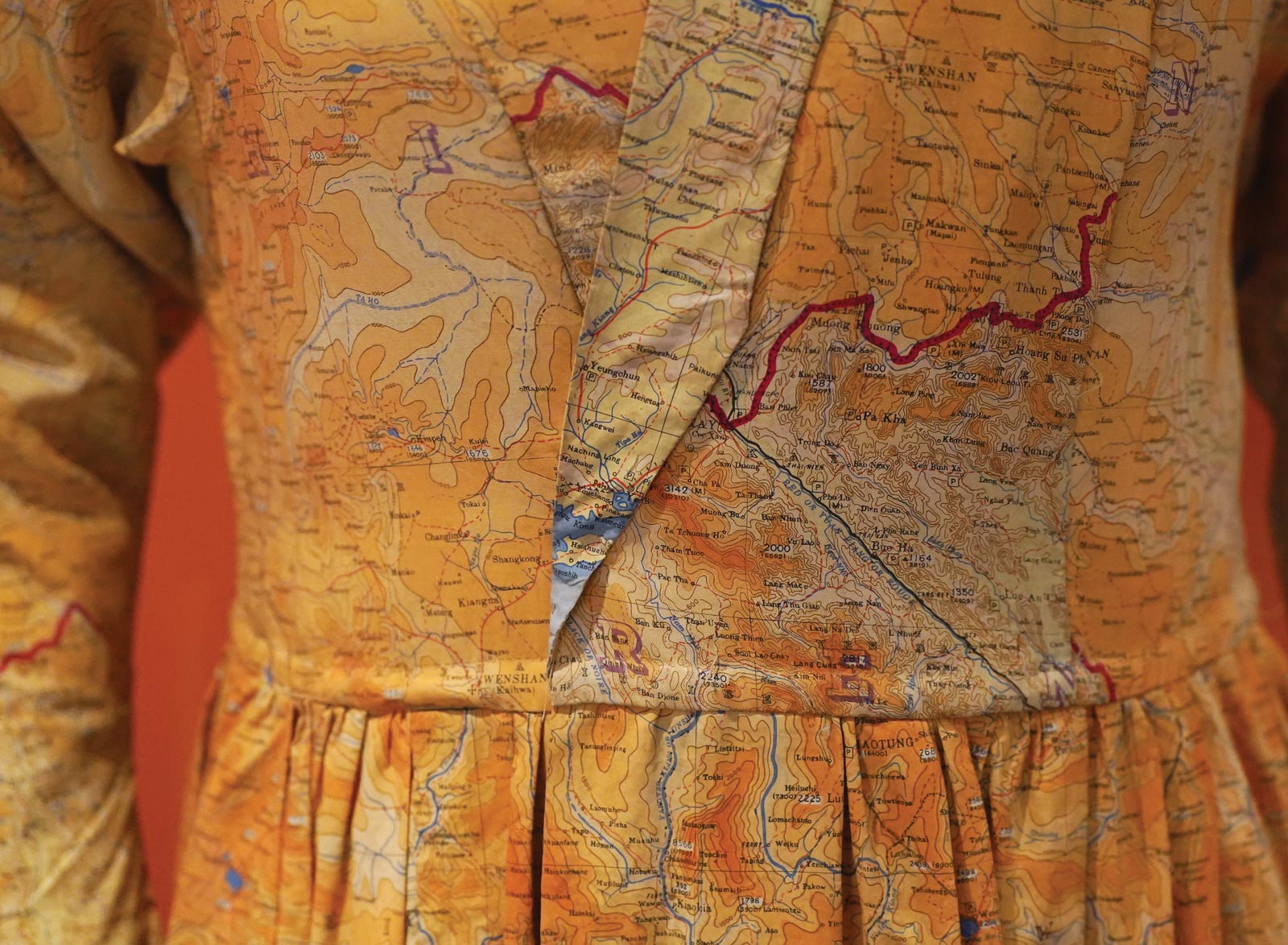Silk dress made from escape and evade maps used during World War II