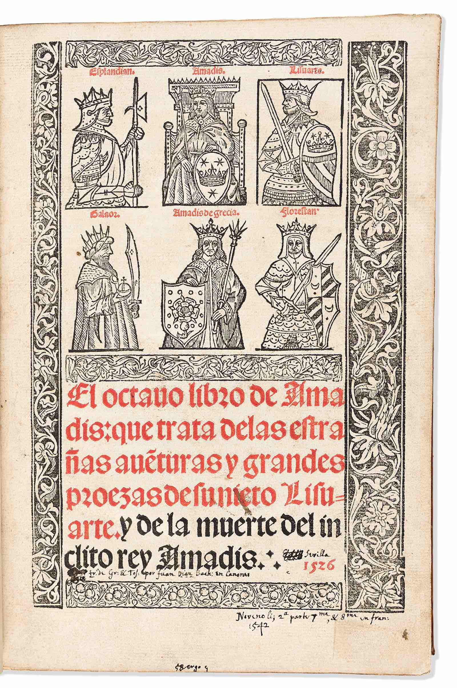 Amadis de Gaule story cycle, various authors. El Octavo Libro and El Noveno Libro. Seville: Jacobo Cromberger, 25 September 1526, and Seville: Jacobo Cromberger, 27 June 1542.  Estimate: $8,000 - $12,000