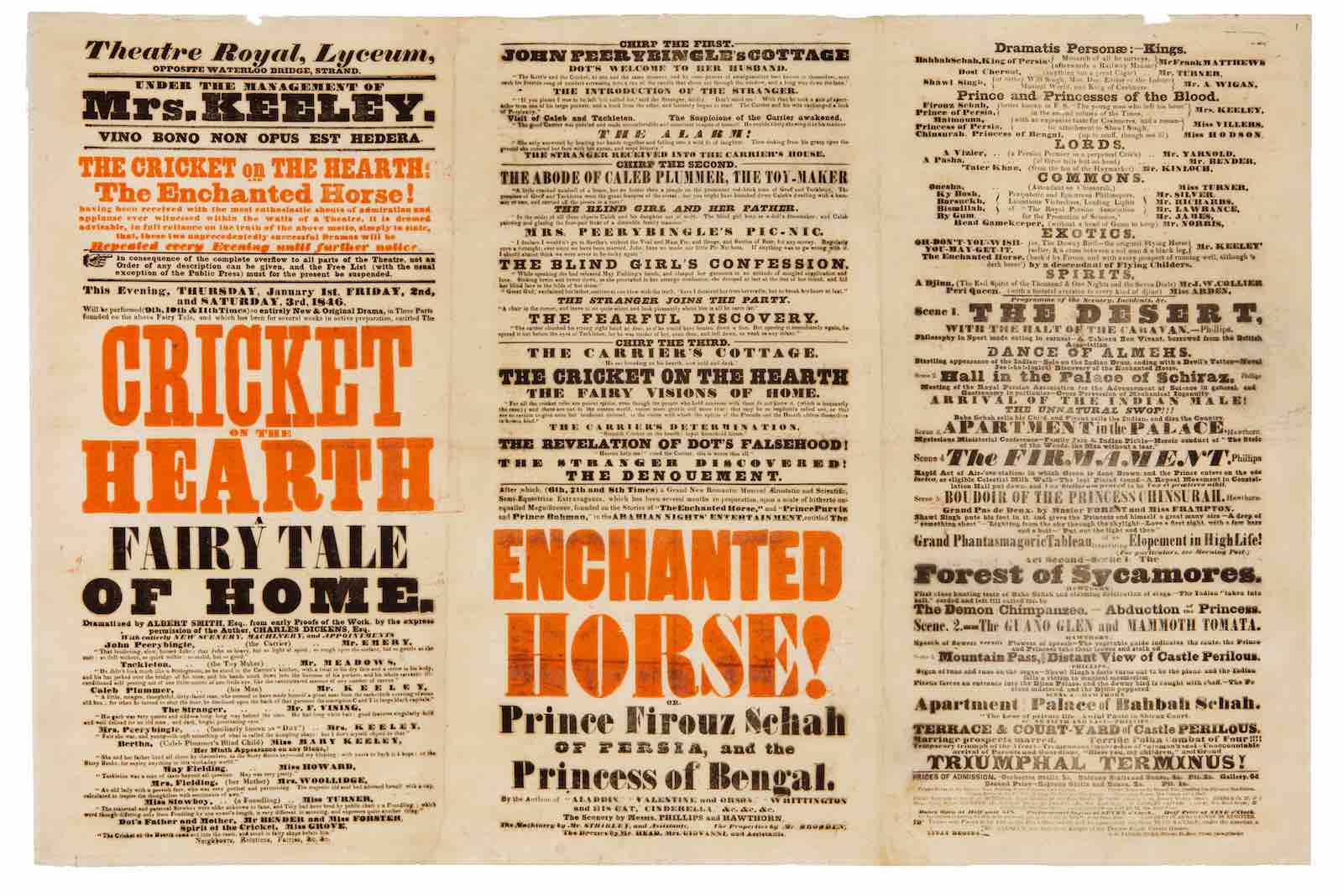 Playbill for The Cricket On The Hearth, Theatre Royal, Lyceum, 1846