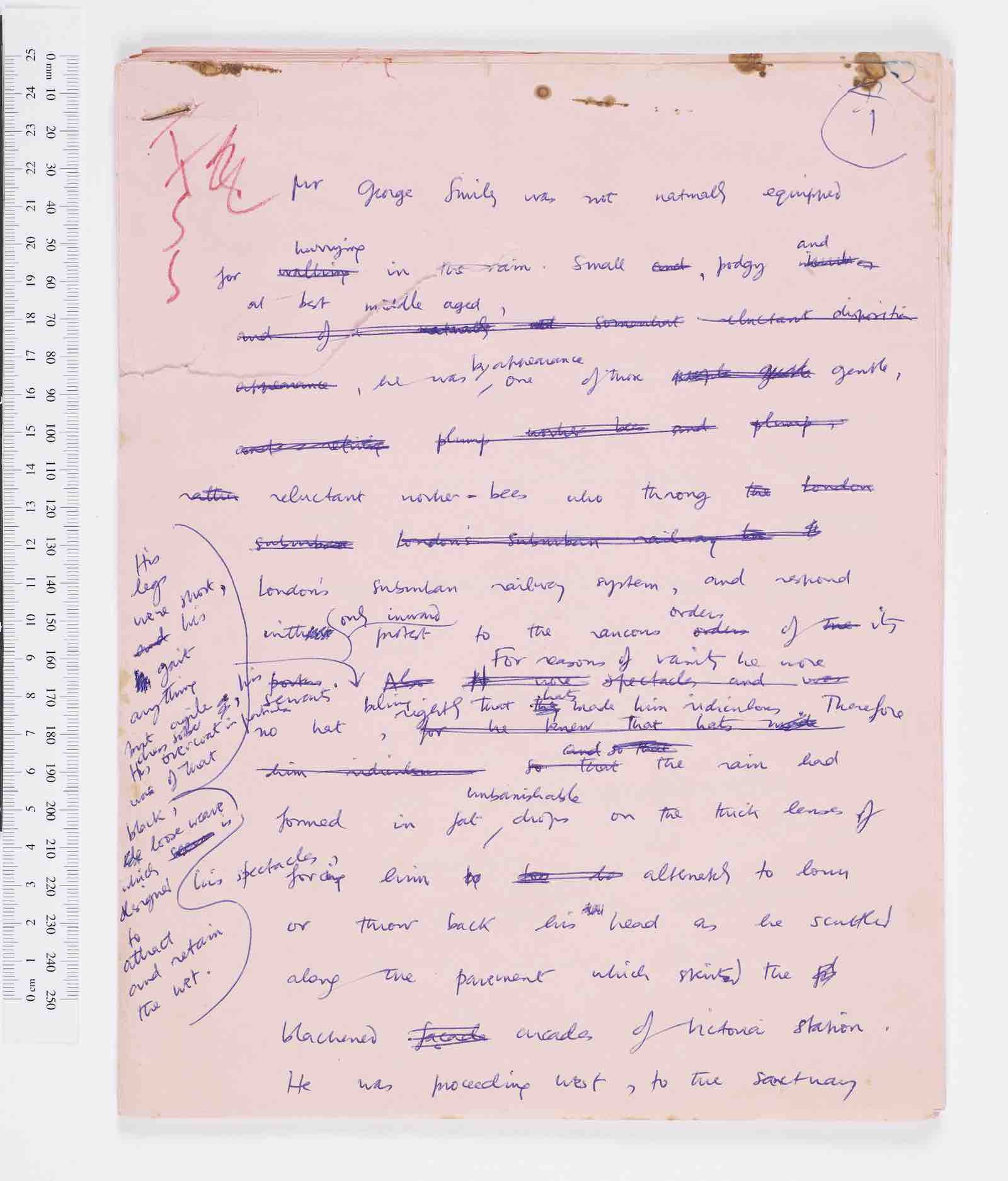 Handwritten draft for Tinker, Tailor, Soldier, Spy in which George Smiley is described as “small, podgy and at best middle-aged&quot;. Includes the insertion: “His legs were short, his gait anything but agile.”