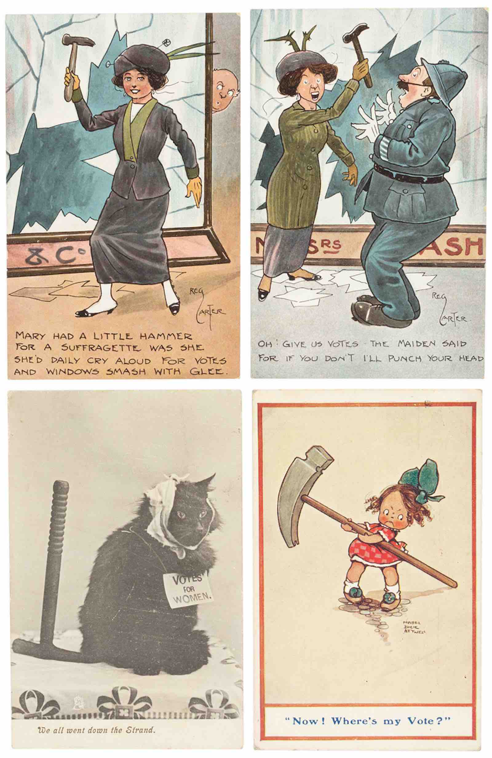 A rare series of six humorous postcards by Reg Carter of Southwold of suffragette window smashing