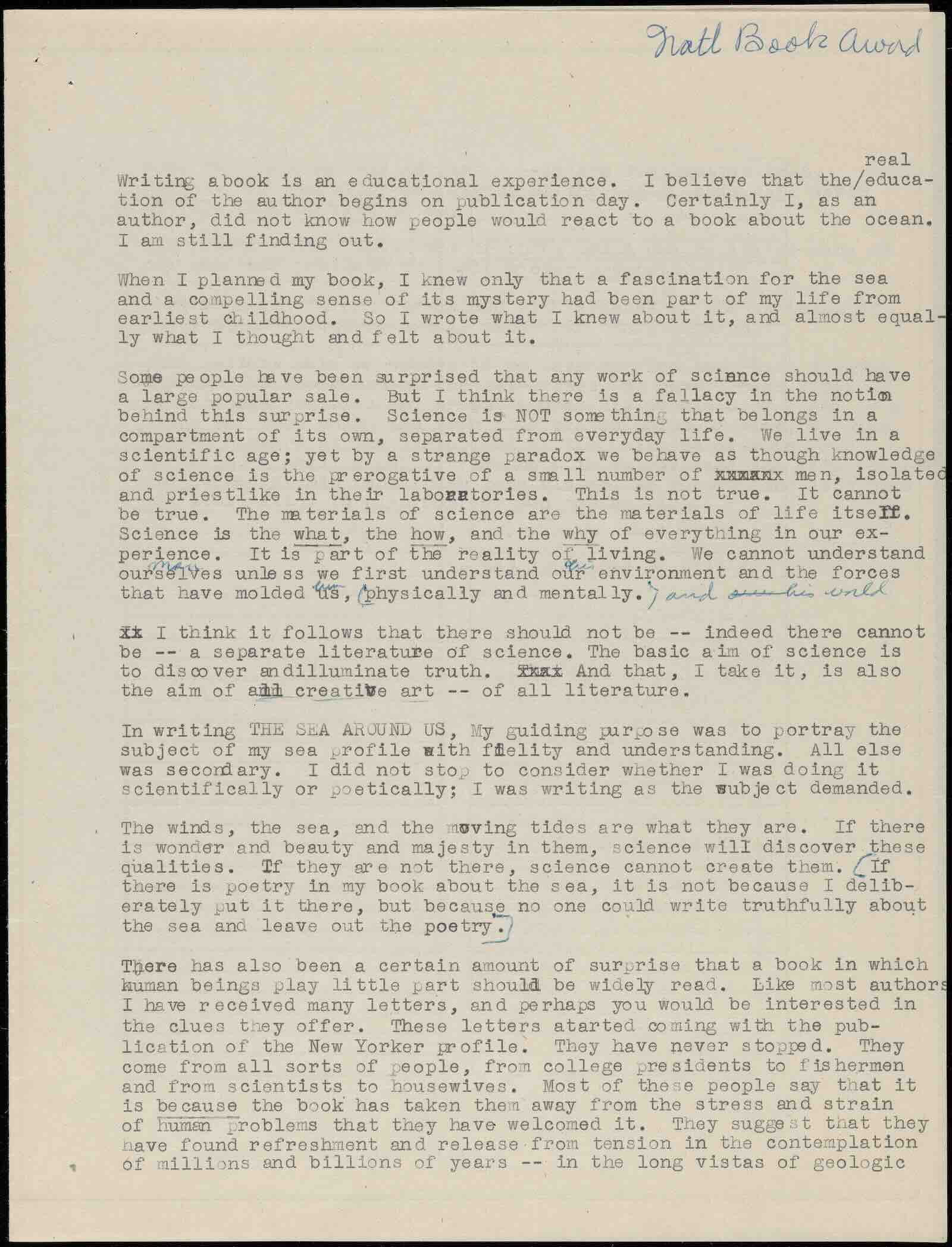 Rachel Carson’s National Book Award acceptance speech, 1952