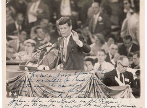 John F. Kennedy signed photograph, quoting from his Address nominating Adlai Stevenson at the 1956 DNC: "In the great traditions of Jefferson, Jackson, Wilson, Roosevelt and the man from Independence, I give you the man from Libertyville"