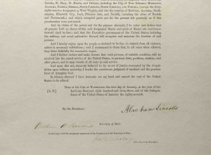 Close up of all signatures on the Emancipation Proclamation signed by Abraham Lincoln at Christie's We the People auction