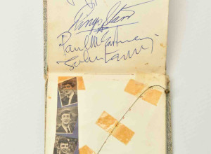 Elizabeth Salt's autograph album signed by John Lennon, Paul McCartney, George Harrison and Ringo Starr plus Harrison's snapped guitar string