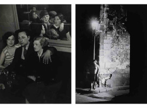 Left, Brassaï, A happy group at the Quartre Saisons (Groupe joyeux au bal musette de Quatre-Saisons), c.1932. Gelatin silver print. Right: Brassaï, Girls in miniskirts at Les Halles (Filles aux Halles en Mini-jupe), 1930s Gelatin silver print.