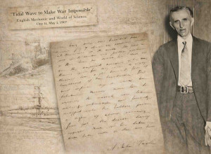 Nikola Tesla signed holograph manuscript page from Tidal Wave to Make War Impossible