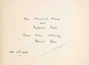 Inscription by A. A. Milne to both his son Christopher Robin and the original Winnie-the-Pooh teddy bear in the first edition of Winnie-the-Pooh (1926)