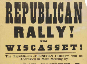 Lot 97, circa 1872 thin, canary-yellow broadside advertising a Maine Republican Party rally publicising Frederick Douglass and former Maine governor Israel Washburne as guest speakers, estimate: $10,000-$20,000