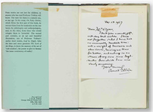 The handwritten note by Tolkien to fan Eileen Elgar