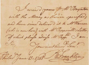 Benjamin Franklin's June 15, 1748, autograph letter written from Philadelphia