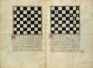 Two Chess Problems from Book of Chess Problems, late 1300s, French Tempera colors and gold leaf on parchment