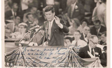 John F. Kennedy signed photograph, quoting from his Address nominating Adlai Stevenson at the 1956 DNC: "In the great traditions of Jefferson, Jackson, Wilson, Roosevelt and the man from Independence, I give you the man from Libertyville"