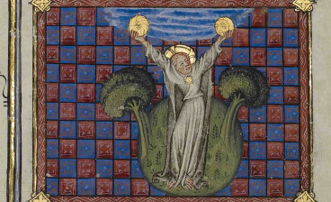 The Creation of the Sun and the Moon (detail) from the Historical Bible, about 1360 –70, Master of Jean de Mandeville (French, active 1350–70). Tempera colors, gold, and ink on parchment.