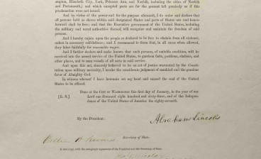 Close up of all signatures on the Emancipation Proclamation signed by Abraham Lincoln at Christie's We the People auction