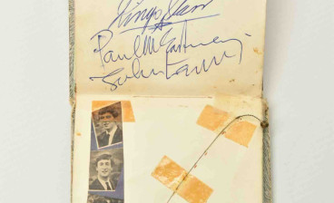 Elizabeth Salt's autograph album signed by John Lennon, Paul McCartney, George Harrison and Ringo Starr plus Harrison's snapped guitar string