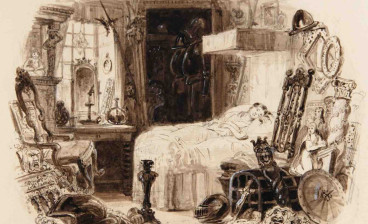 Little Nell – the beautiful child in her gentle slumber- tide by Samuel Williams. Through her deathbed scene, Dickens channelled his grief for the death of his 17-year-old sister-in-law, Mary Hogarth. Dickens’s feedback to Williams was to make Nell childish and her surroundings grim to create a starker contrast.