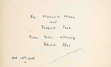 Inscription by A. A. Milne to both his son Christopher Robin and the original Winnie-the-Pooh teddy bear in the first edition of Winnie-the-Pooh (1926)