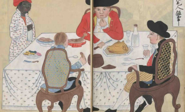 Illustration of men dining in the Dutch enclave of Dejima in Nagasaki, Japan, from Nagasaki hyōsho zu–Karafune hyōsho zu (Illustrated Record of Nagasaki–Illustrated Record of Chinese Ships), 1807. 
