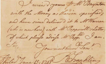 Benjamin Franklin's June 15, 1748, autograph letter written from Philadelphia