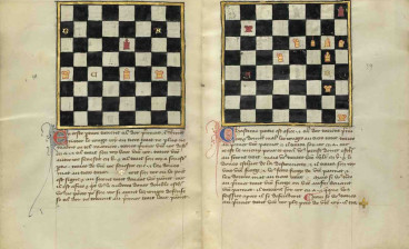 Two Chess Problems from Book of Chess Problems, late 1300s, French Tempera colors and gold leaf on parchment