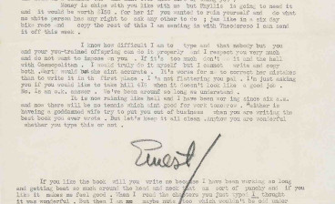 Ernest Hemingway typed letter, signed, referencing his 1940 novel For Whom the Bell Tolls