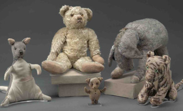 The original Winnie-the-Pooh, Piglet, Eeyore, Kanga, and Tigger on permanent display at The Polonsky Exhibition of The New York Public Library's Treasures