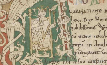 Decorated initial 'A' depicting William the Conqueror seated on his throne, from the late 12th century Chronicle of Battle Abbey housed at the British Library