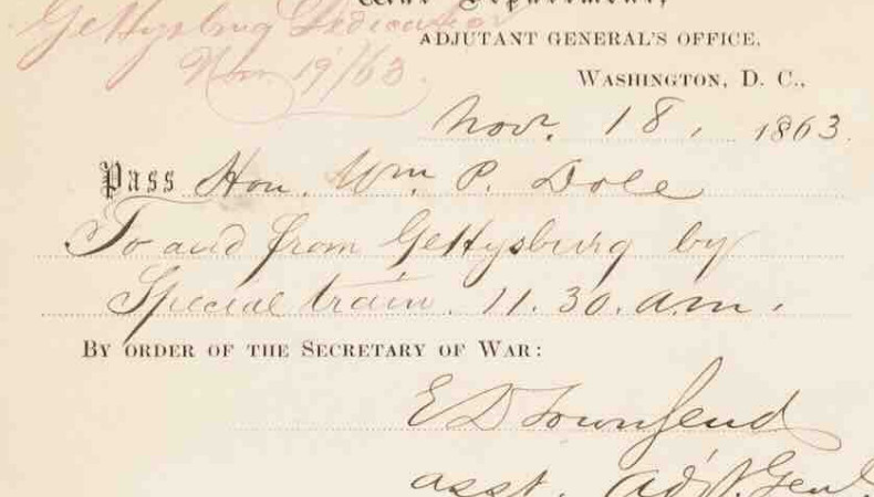 William P. Dole's Railroad Pass to Travel to Gettysburg on November 18, 1863 and Gettysburg Marshal's Ticket Dated November 19