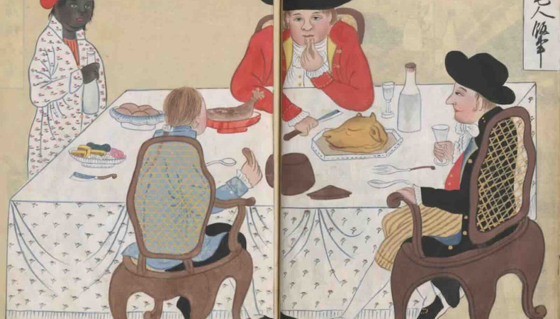 Illustration of men dining in the Dutch enclave of Dejima in Nagasaki, Japan, from Nagasaki hyōsho zu–Karafune hyōsho zu (Illustrated Record of Nagasaki–Illustrated Record of Chinese Ships), 1807.