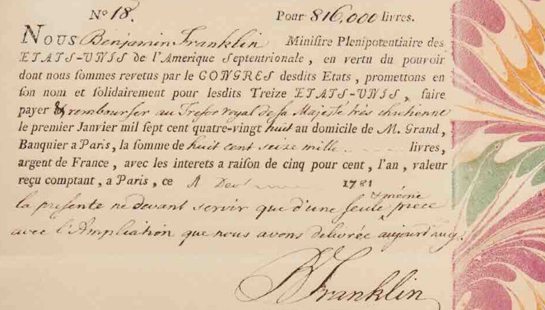Benjamin Franklin, partially-printed promissory note, estimate $200,000-$300,000