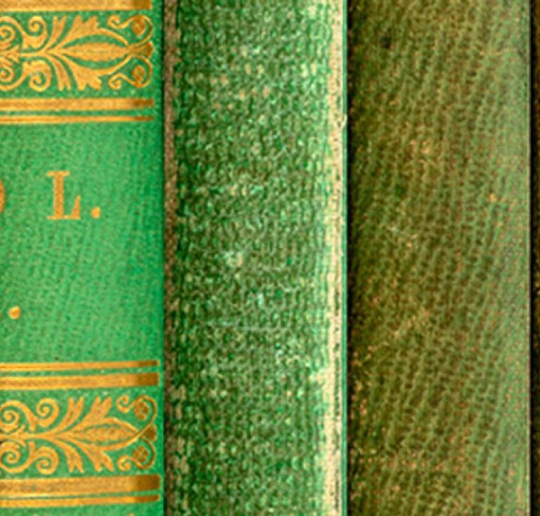 Composite image showing color variation of emerald green bookcloth on book spines, likely a result of air pollution.