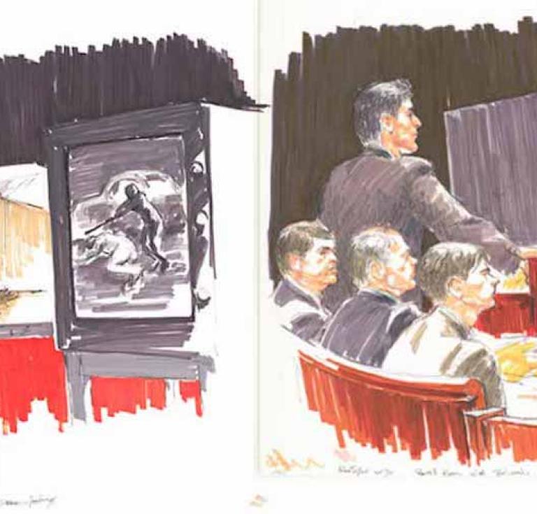 Courtroom sketches by artist Mary Chaney during the Rodney King police brutality trials. 