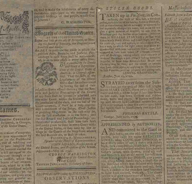 July 1, 1790 issue of the Massachusetts Spy: Or, The Worcester Gazette