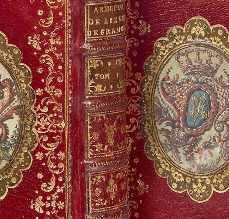 Ornate binding on Dubuisson's Armorial