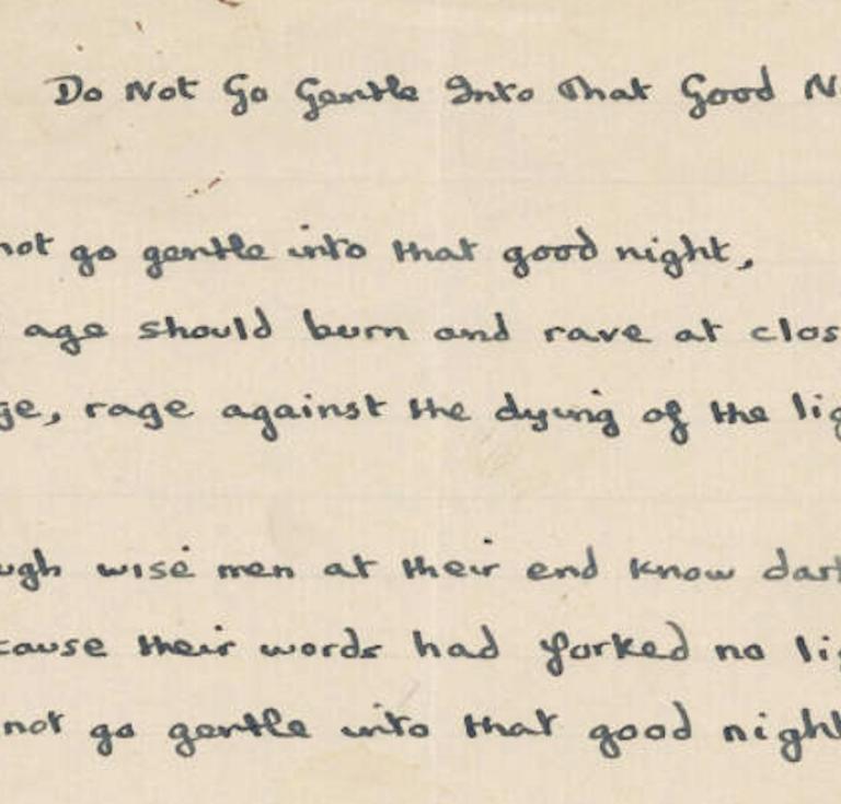 Detail from the first of a nine-page manuscript of “Do Not Go Gentle Into That Good Night”